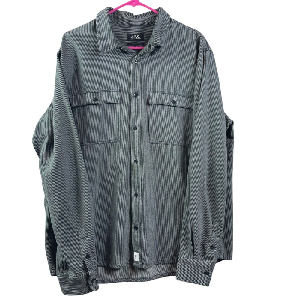 APC Rue Madame Paris Button Shirt Mens 2XL Black Pinstripe Pocket